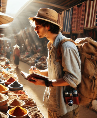 Photo d'un voyageur portant un sac à dos, un chapeau et un appareil photo vintage. Le voyageur se tient devant un stand d'épices et il prend des notes dans son carnet de voyage.