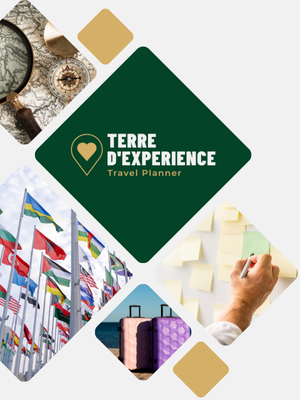 Logo de Terre d'Expérience, entouré d'images illustrant la valeur ajoutée d'un travel planner