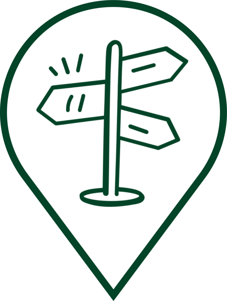Icone d'une pancarte indiquant un itinéraire dans le pin's du logo de Terre d'Expérience