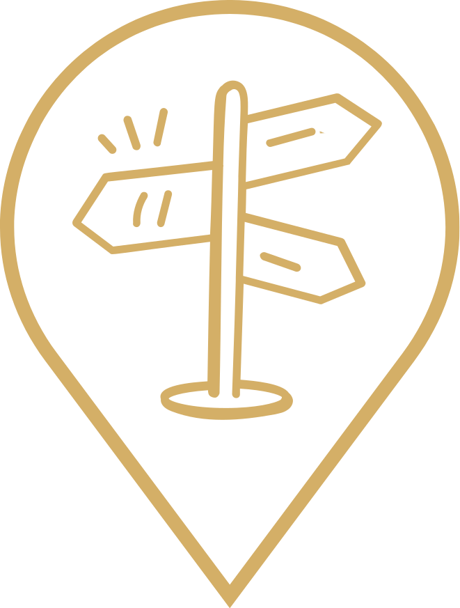 Icone d'une pancarte indiquant un itinéraire dans le pin's du logo de Terre d'Expérience