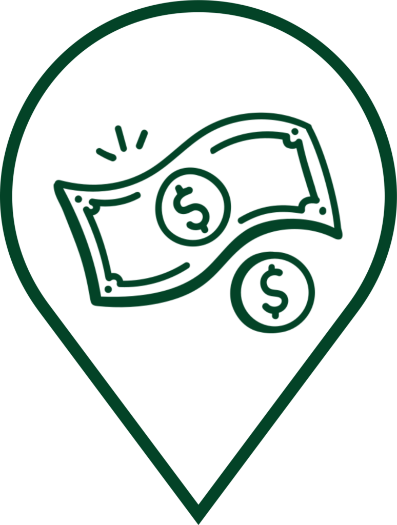 Icone d'un billet et d'une pièce de monnaie dans le pin's du logo de Terre d'Expérience