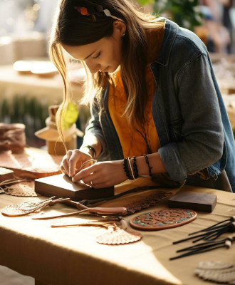 Photo d'une femme dans un atelier, en train de faire une activité manuelle